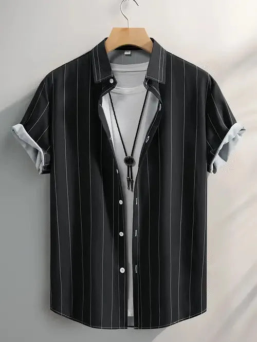Men's striped summer shirt with stand collar and short sleeves in loose cardigan style