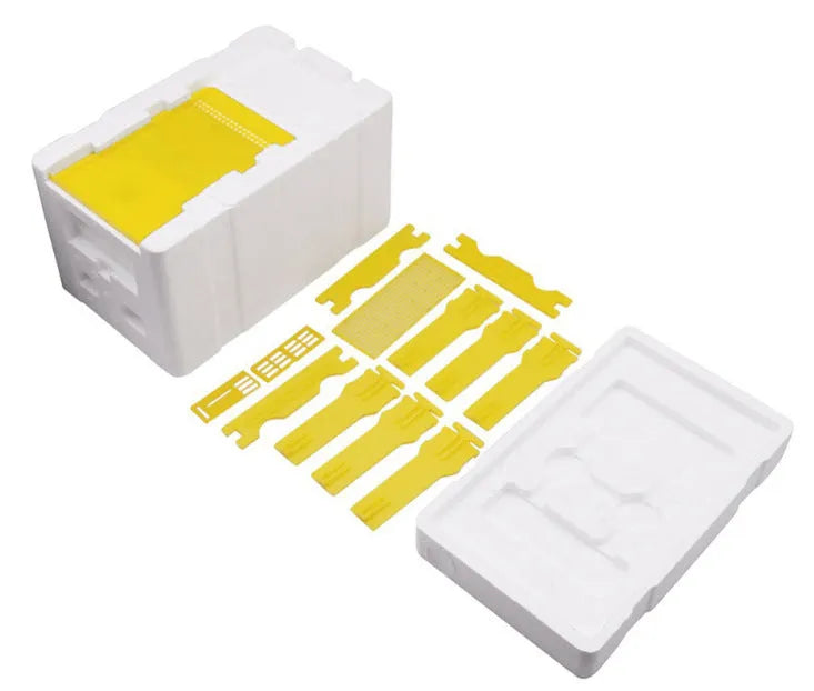 Set of three white EPS foam mini delivery boxes for queen bee rearing and breeding, with foam texture visible