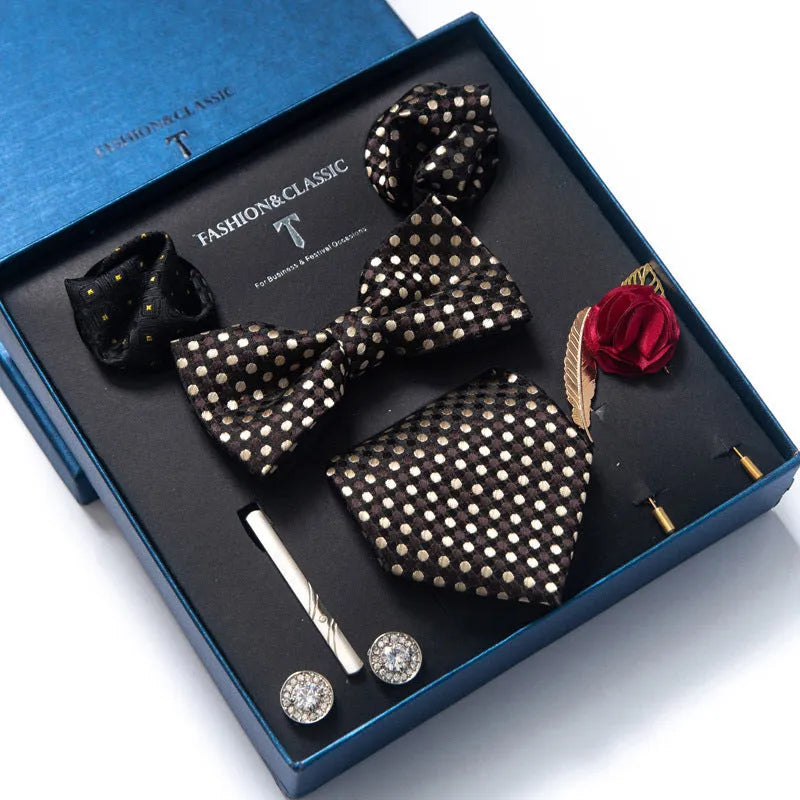 Men's 8-piece rayon jacquard bow tie set, heart shape arrow style, monochrome pattern, 146cm length
