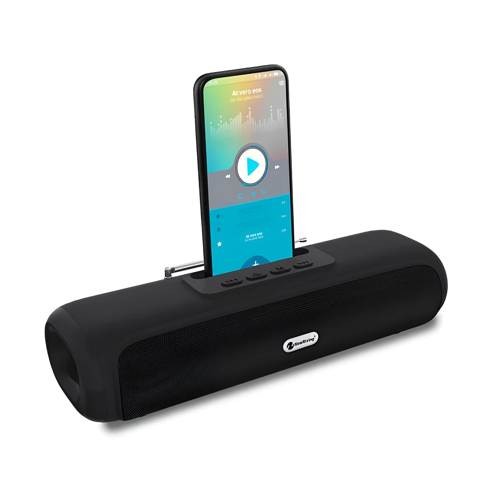 Desktop wireless long strip subwoofer speaker in black, blue, red, or silver grey colour.