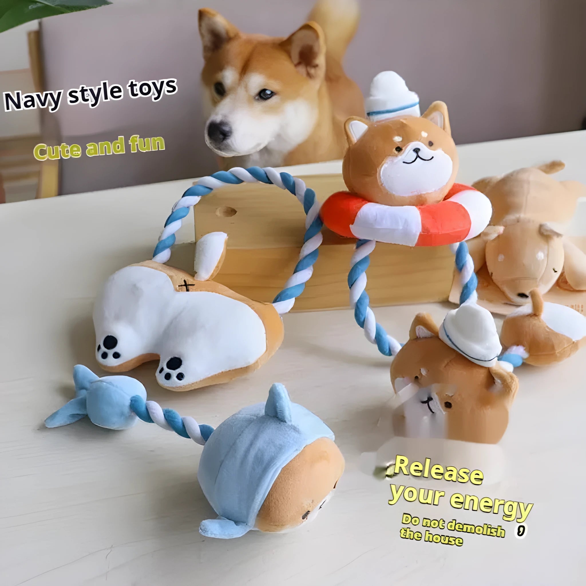 Bite-resistant plush dog toy with handle in a small Shiba Inu shape measuring 23cm