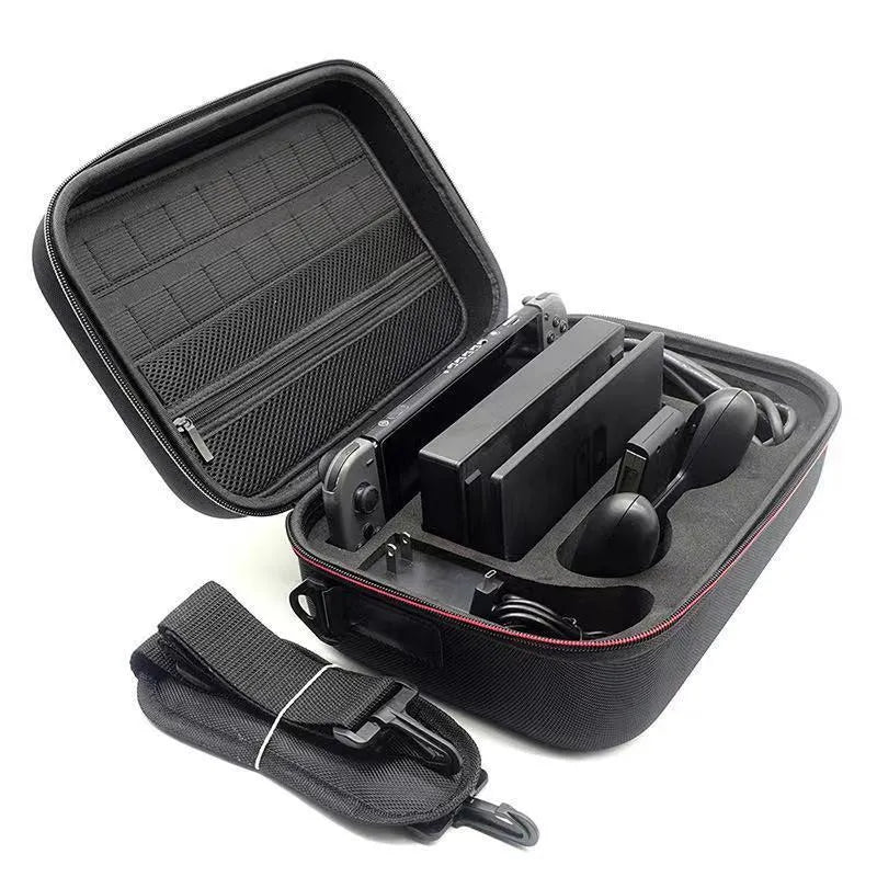 Black EVA hard case storage bag for game console accessories like controllers and cables.