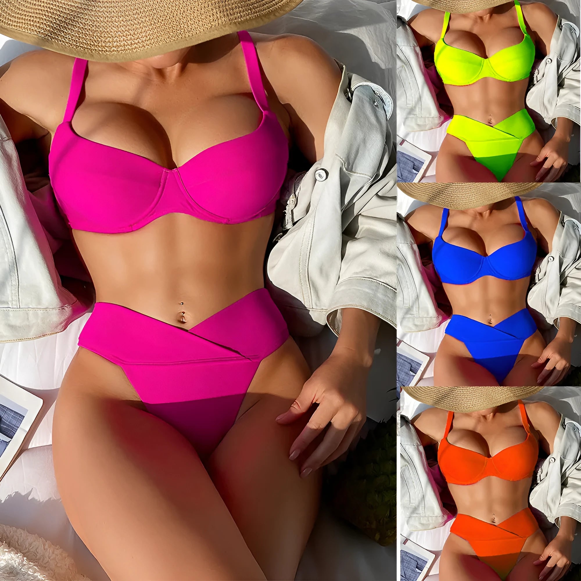 Solid colour two-piece bikini swimsuit in a briefs style on a mannequin.