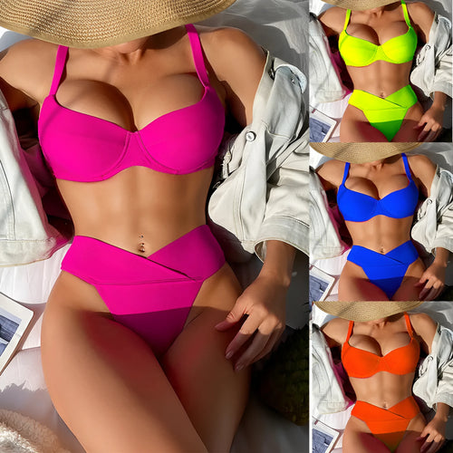 Solid colour two-piece bikini swimsuit in a briefs style on a mannequin.