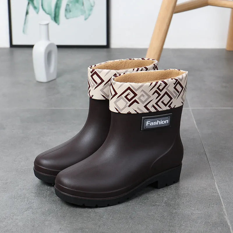 Women's mid-calf PVC rain boots in apricot colour with a low heel for wet weather.