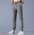 Men's summer ice silk stretch straight sports trousers in loose fit with drawstring, available in black, dark gray, light gray, light green