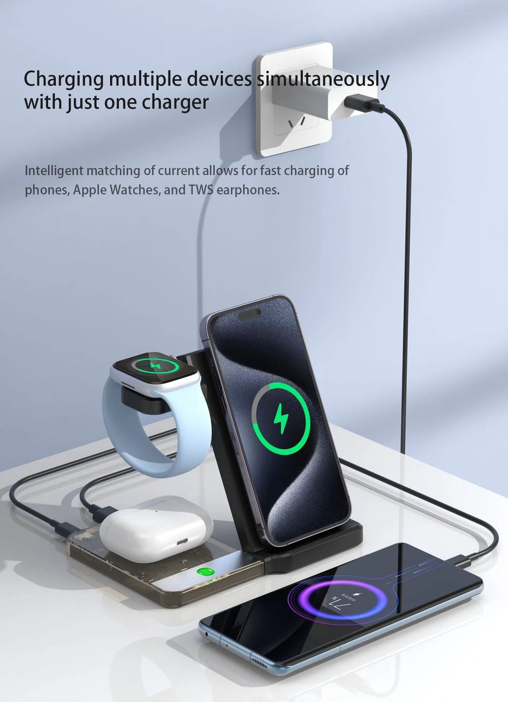 Black foldable three-in-one magnetic wireless charging stand for phones, watches, and headphones on desktop