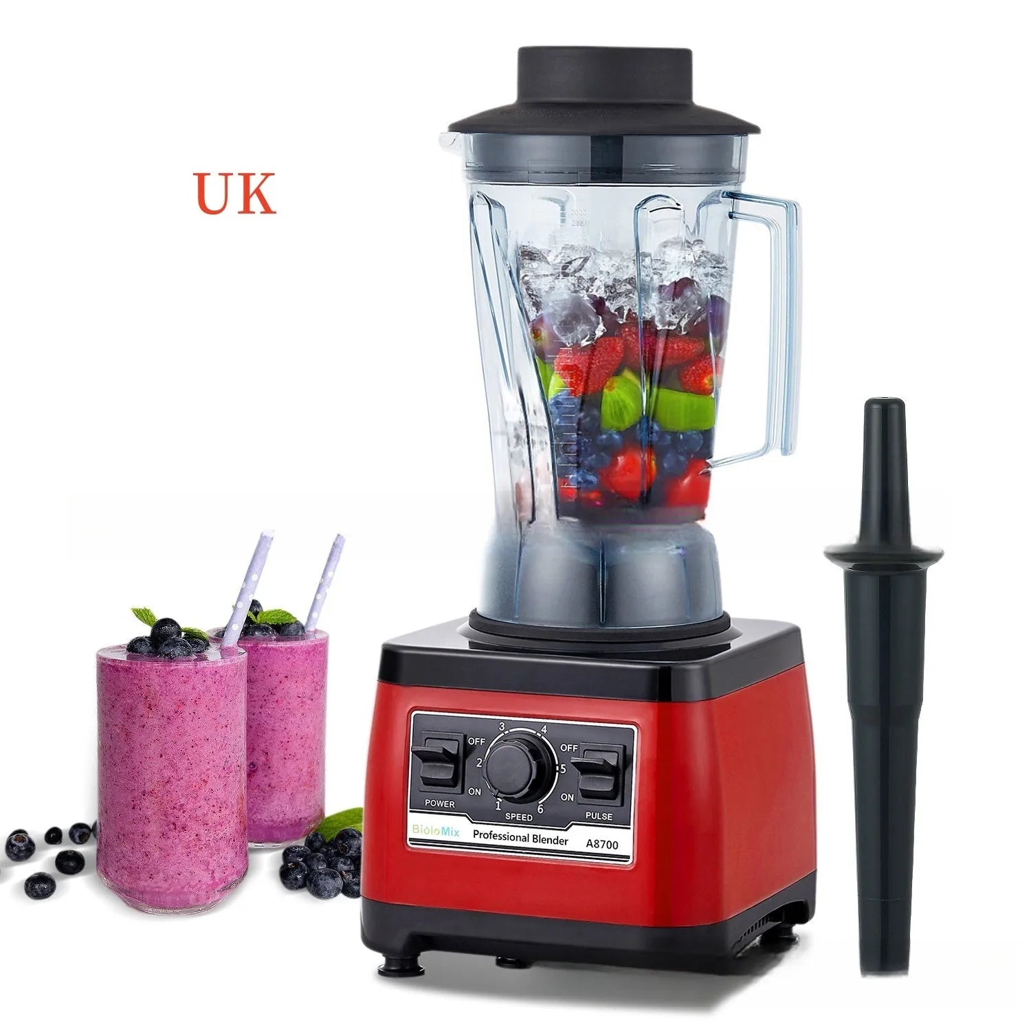 Red industrial style commercial blender with 2L jug and 2200W motor