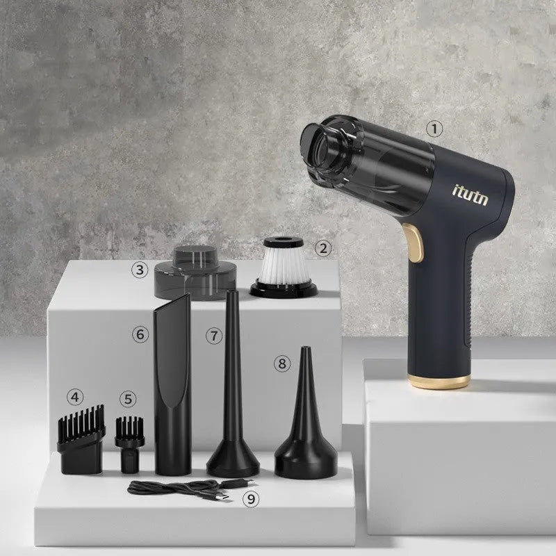 Black wireless handheld vacuum cleaner with multiple nozzles for car and home cleaning.