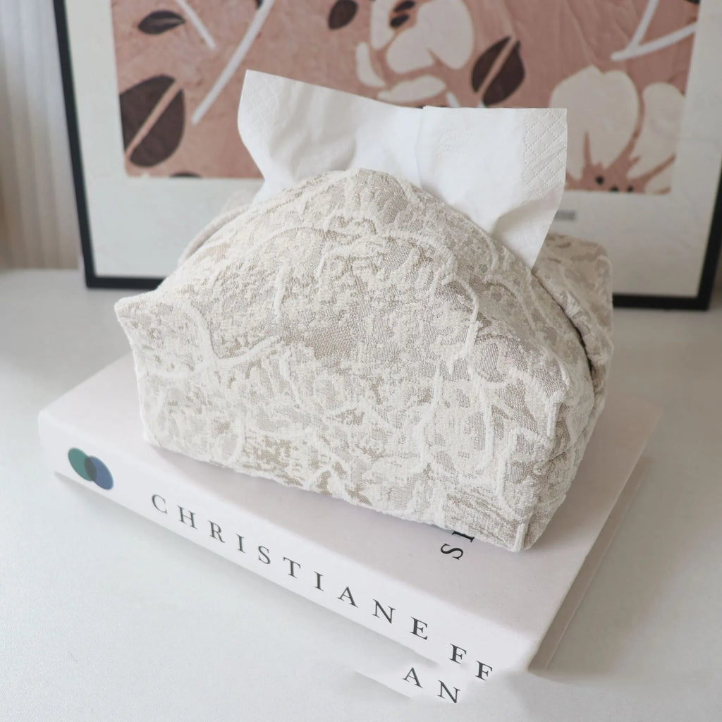 Chinese pastoral cotton fabric tissue box in beige, blue or brown, 17x11x7cm with drawer