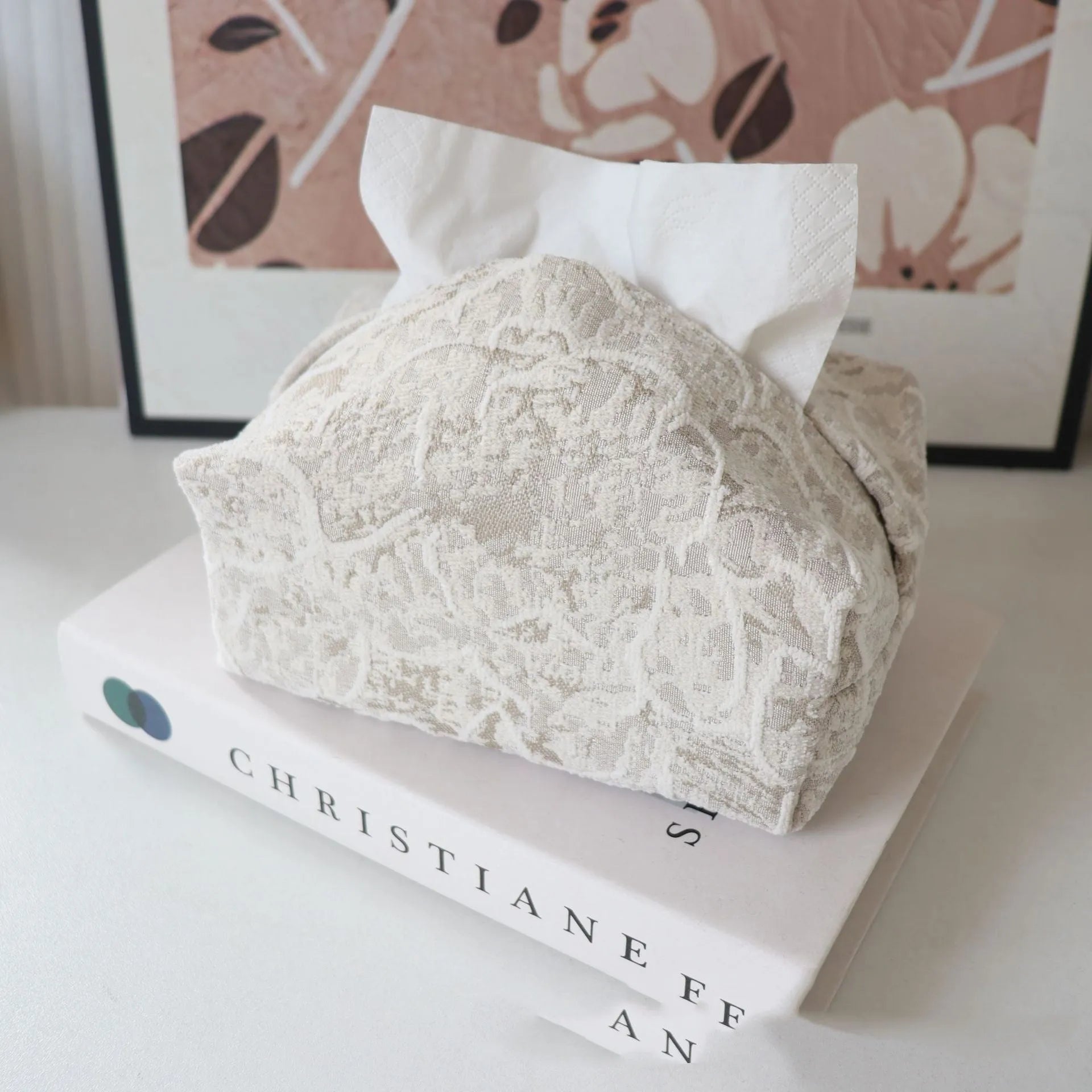 Chinese pastoral cotton fabric tissue box in beige, blue or brown, 17x11x7cm with drawer