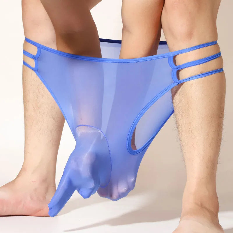 Men's transparent nylon elephant nose shorts in a free size fit on a mid-waist