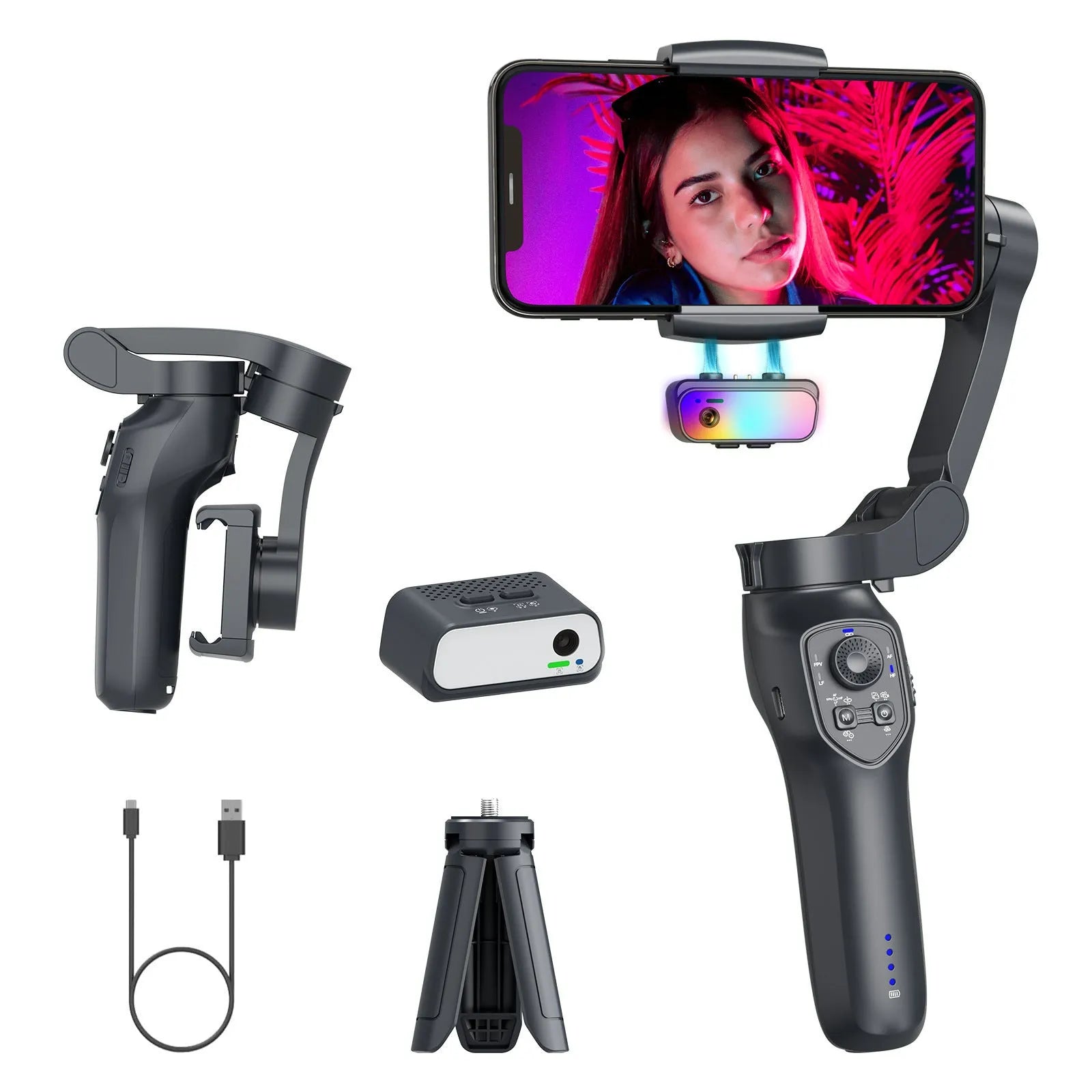 Foldable handheld tripod head stabilizer in gun colour with USB charging port