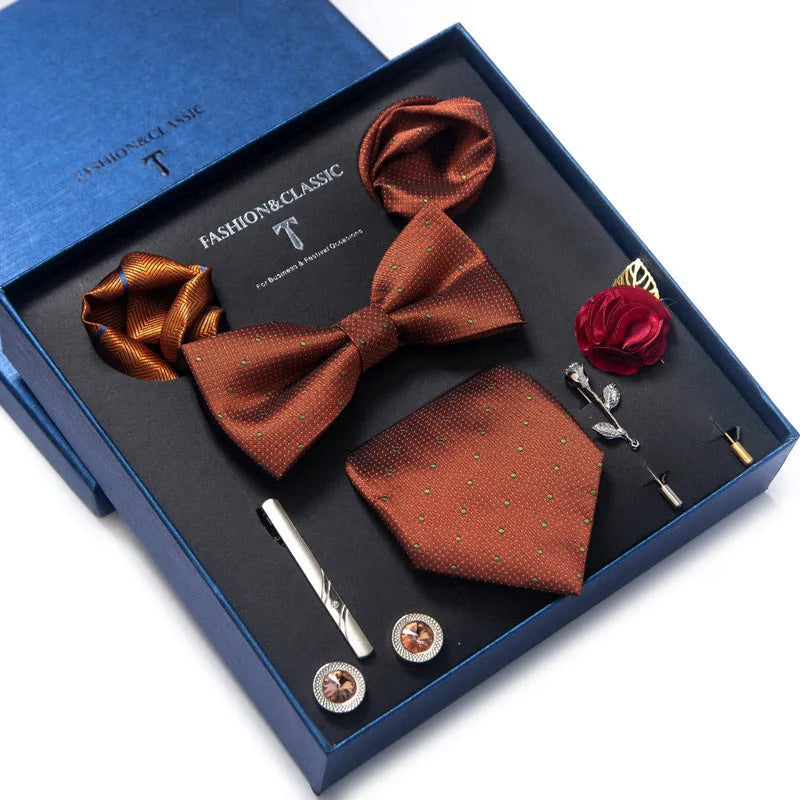 Men's 8-piece rayon jacquard bow tie set, heart shape arrow style, monochrome pattern, 146cm length