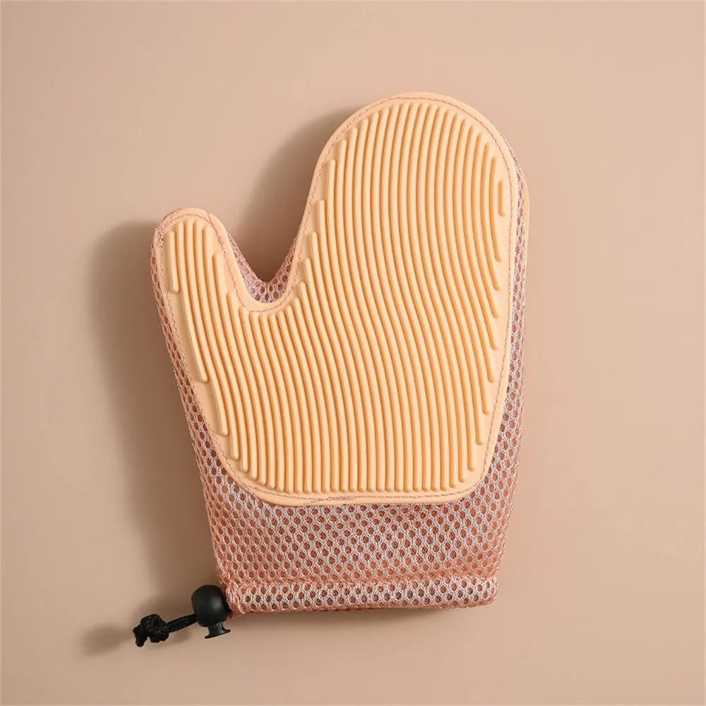 Right-hand pet grooming fur remover glove in dark blue, made from mesh and TPR materials.