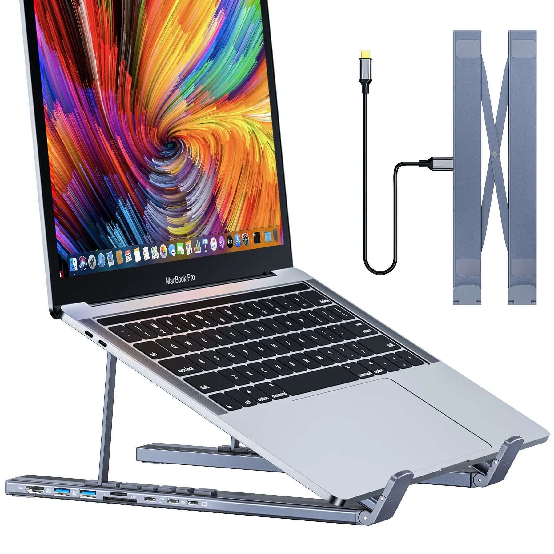 Grey aluminium alloy laptop docking station with folding stand and multiple ports