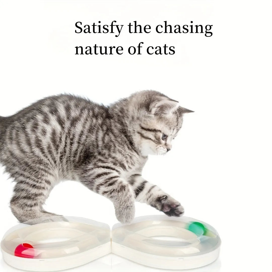 Blue and white cat turntable track ball toy with rotating stick for indoor feline play