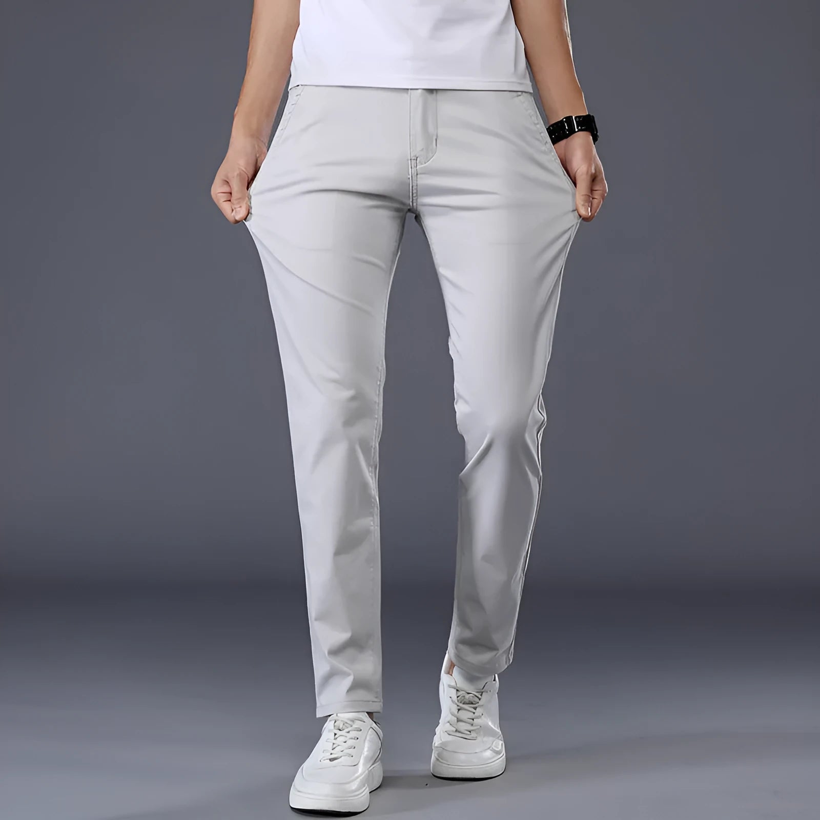 Men's solid colour casual trousers Korean style straight leg cotton fabric mid waist available in khaki black and other colours sizes 28-38