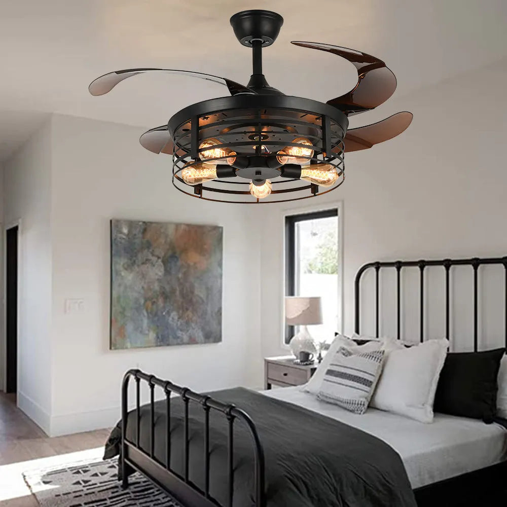 American retro industrial ceiling fan lamp with invisible acrylic blades and remote control