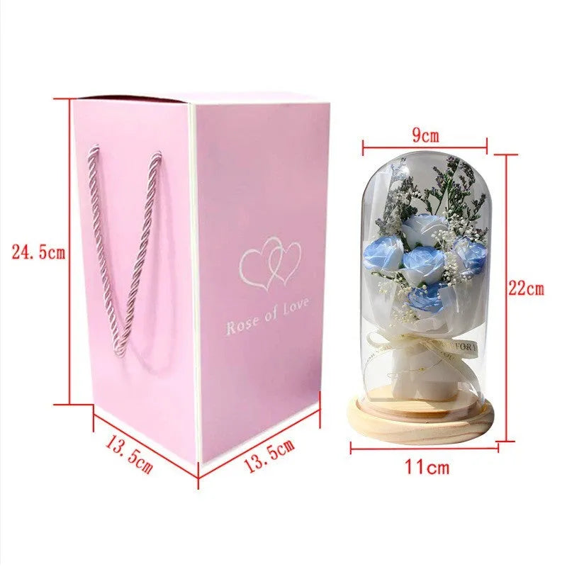 Dried flower and soap flower bouquet under glass dome on wooden LED base, available in multiple colours including Aisha Pink and Light Purple
