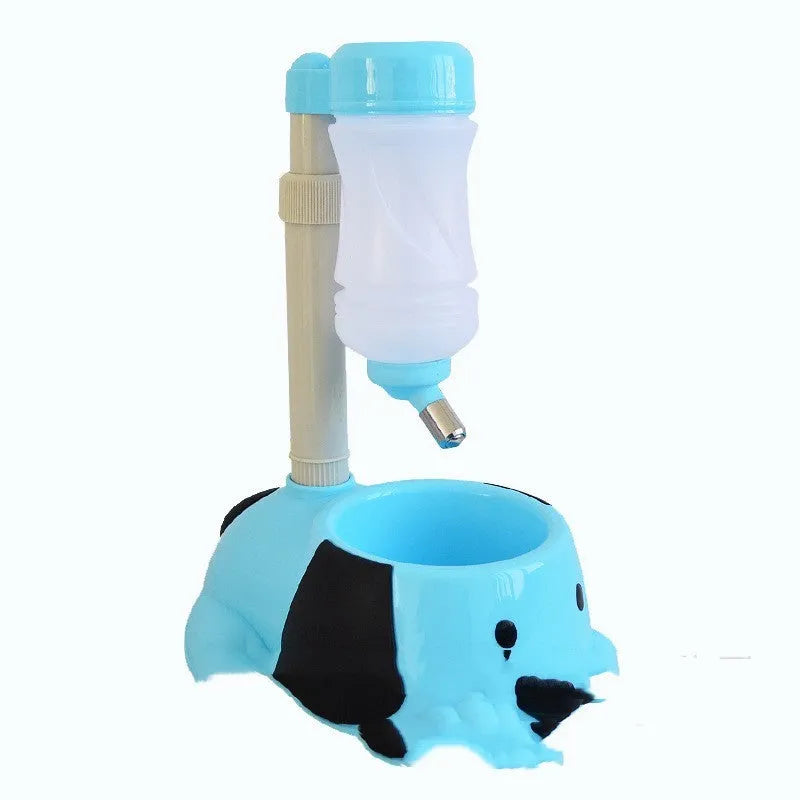 Adjustable height pet drinking bowl with rod mechanism in blue, pink or yellow colours