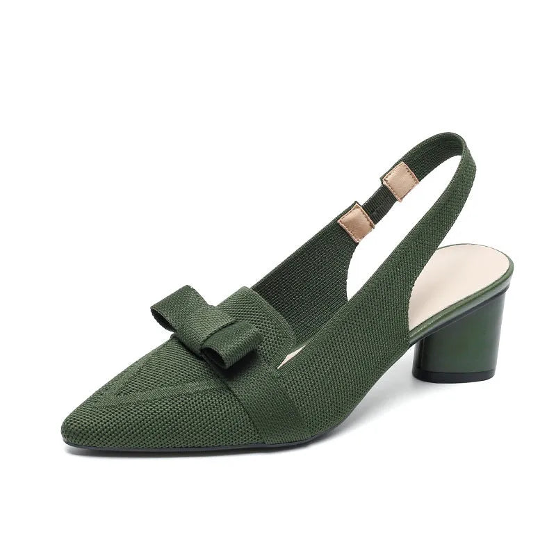 Women's closed toe high heel sandals with an ankle back strap in a pointed toe design on a rubber sole
