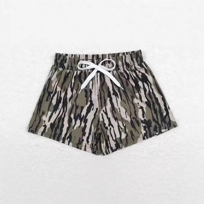 Children's straight-leg polyester sports casual shorts shown in one of six colour variants, sized for ages 100cm to 160cm.