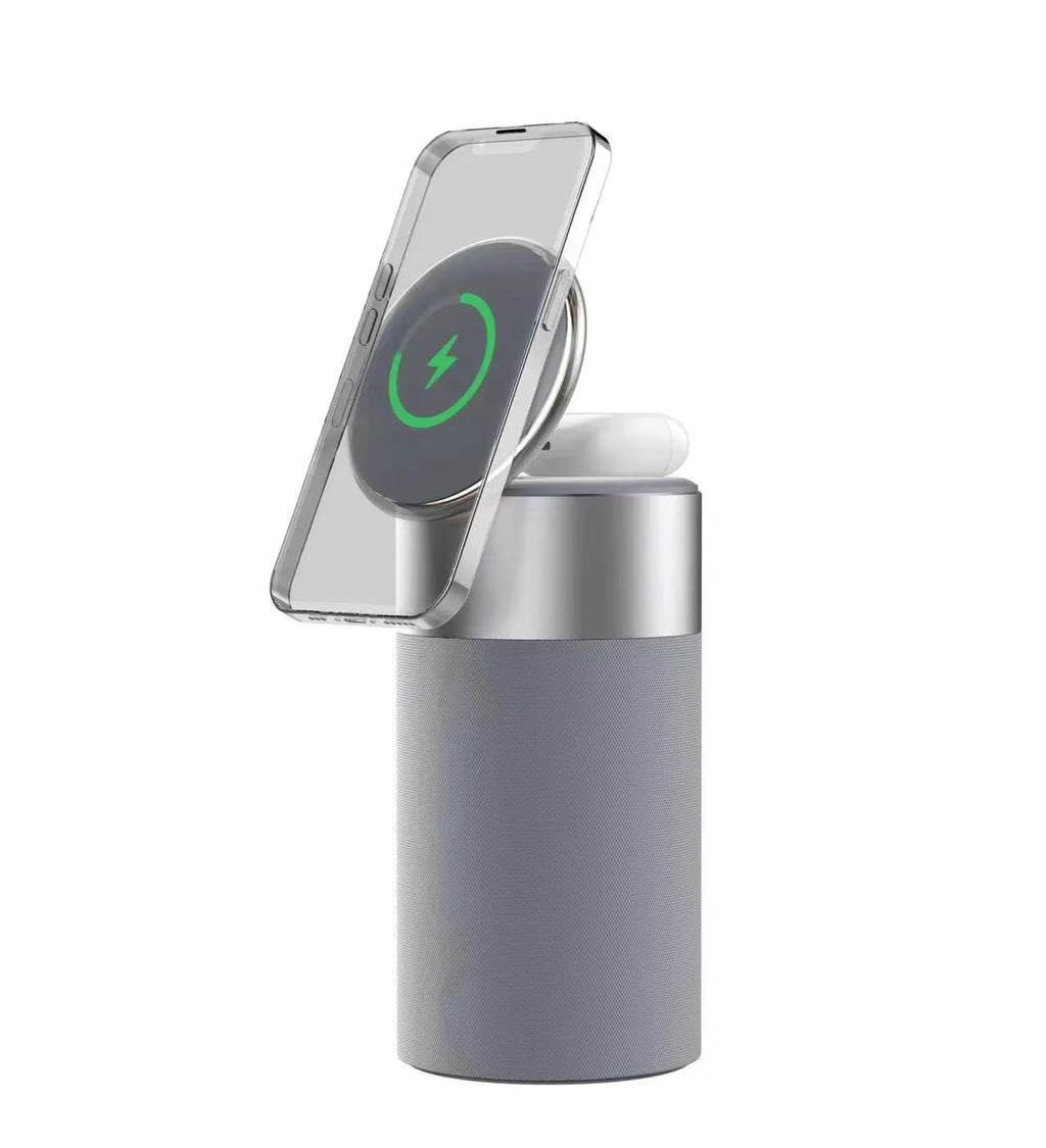 3-in-1 multi-function wireless charger Bluetooth speaker with touch lamp and phone holder for iPhone and AirPods in Gold
