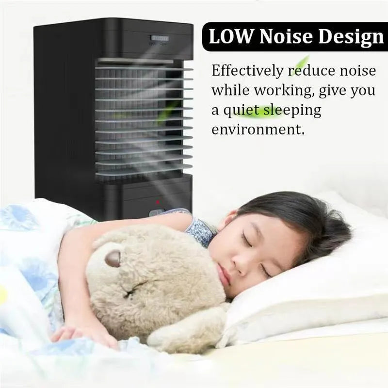 Portable vertical USB evaporative air cooler in black with water tank and ice cube function on a desk