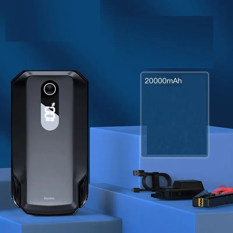 Black 10000mAh vehicle mounted emergency lighter jump starter with Type-C input and USB output