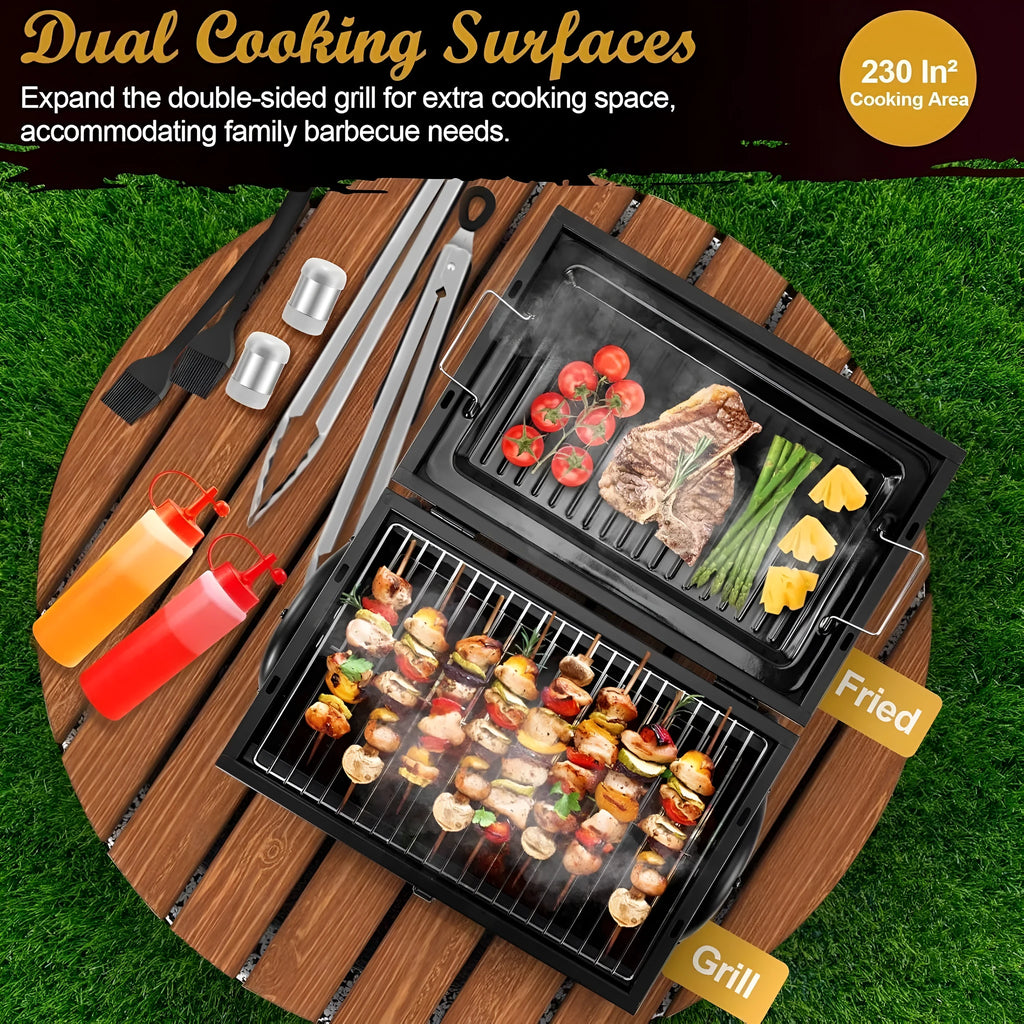 Small black folding desktop charcoal barbecue grill with a metal grill.
