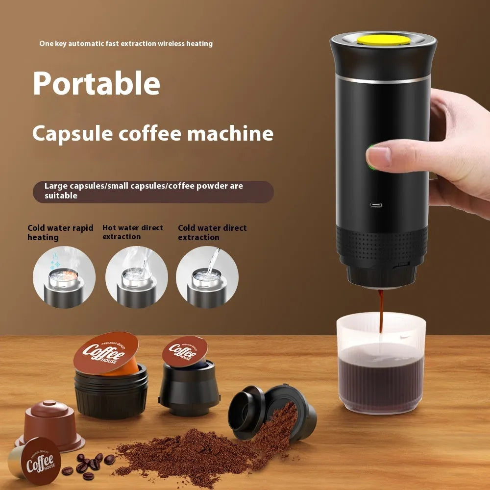 Portable 3-in-1 espresso machine in black grey green silver white colours with USB cable