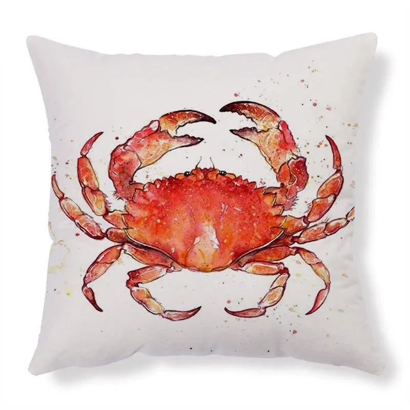 Square linen cushion cover with a detailed blue and green sea turtle print, showing the invisible zipper closure.