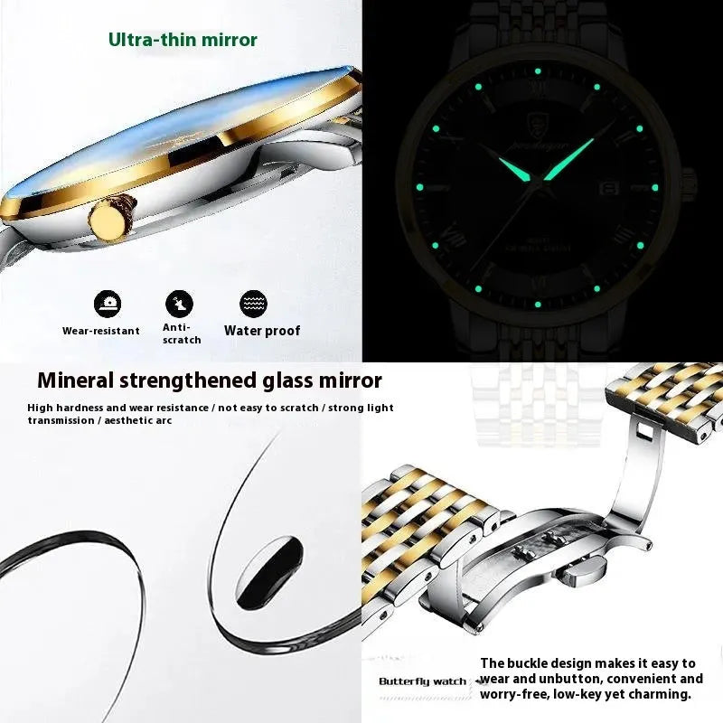 Men's quartz watch with waterproof luminous display and calendar, 41mm precision steel case, mineral reinforced mirror