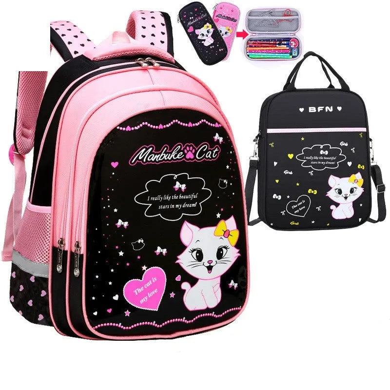 Kids school cute cat print nylon backpack with load-reducing design and computer pocket in pink and black colourway.