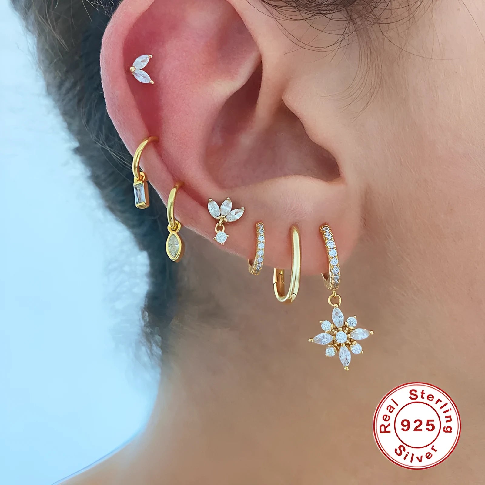 S925 sterling silver snowflake pendant earrings with geometric design in gold colour options