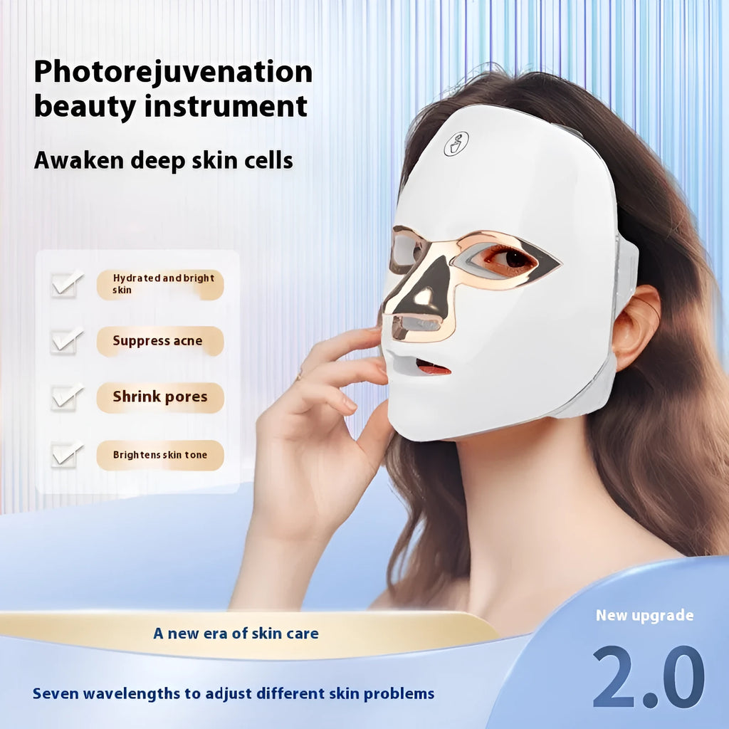 Rechargeable manual touch LED beauty mask in black, white, or rose gold accents on a white background