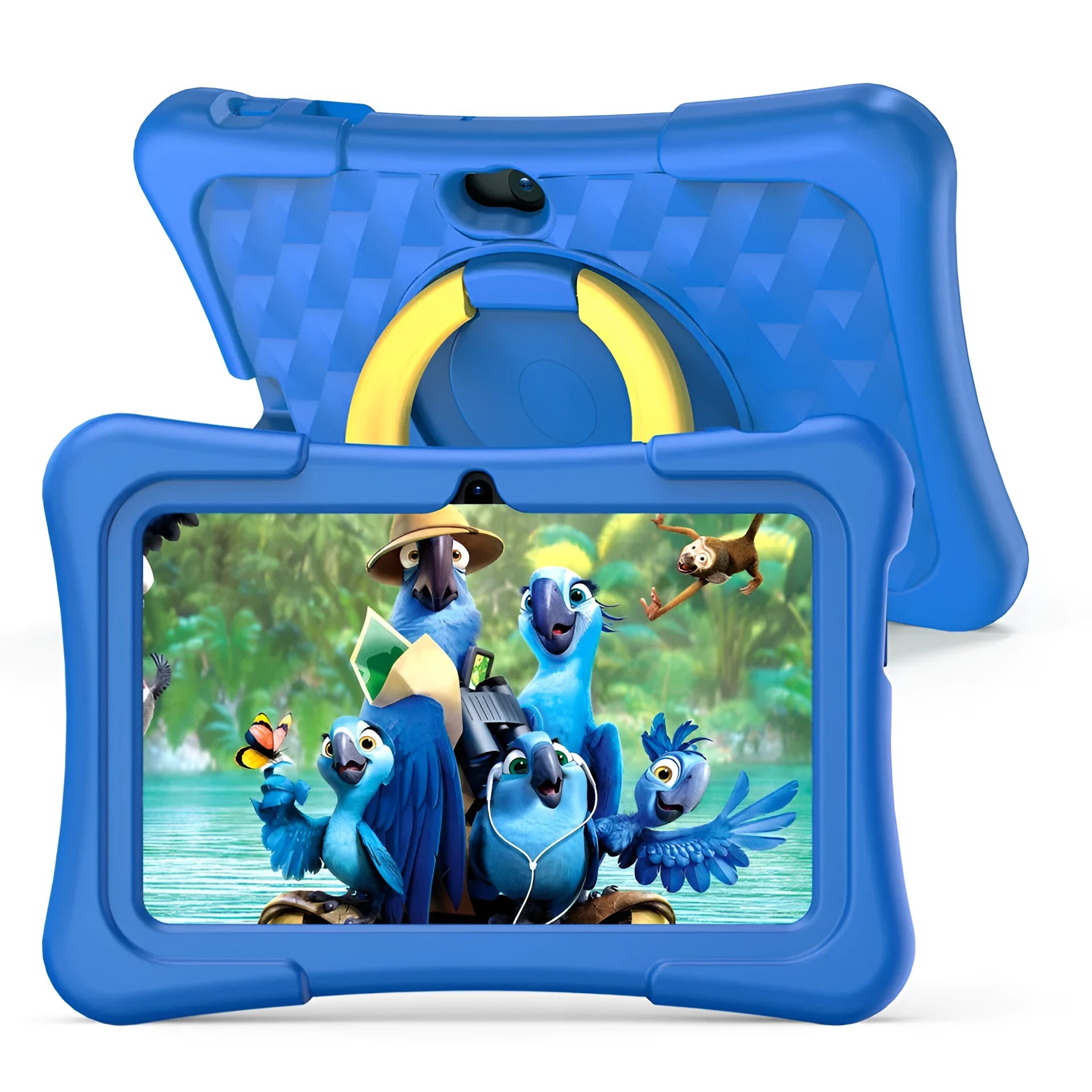 Blue children's educational tablet with a soft silicone protective cover, showing a 7-inch screen on a white background.