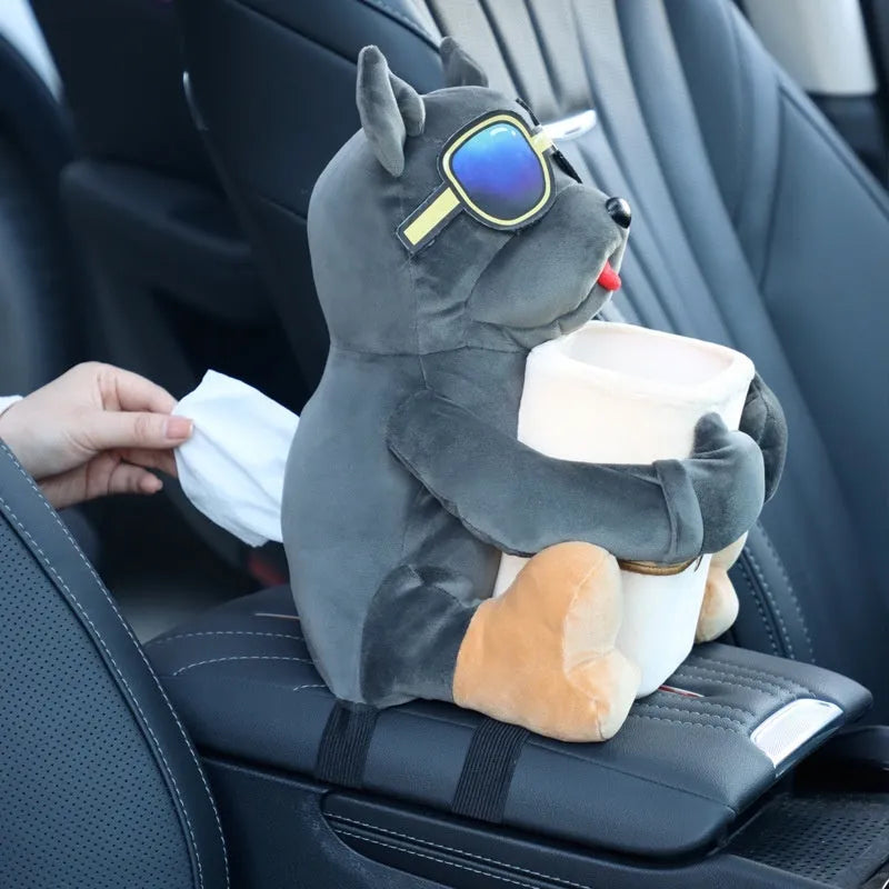 Plush car tissue box hanging on vehicle armrest with character design options