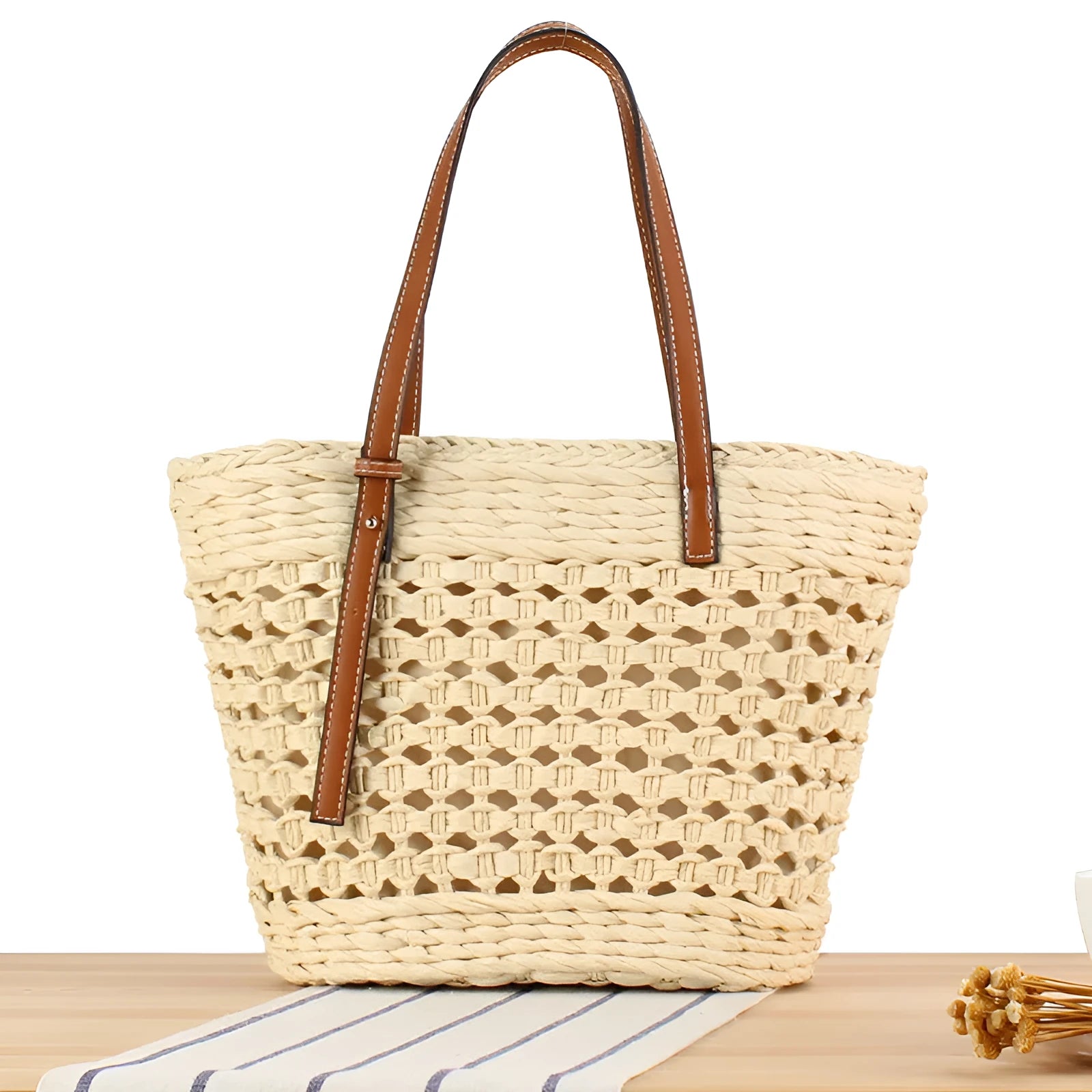 Paper-string woven shoulder bag with file storage compartment and adjustable strap in beige colour