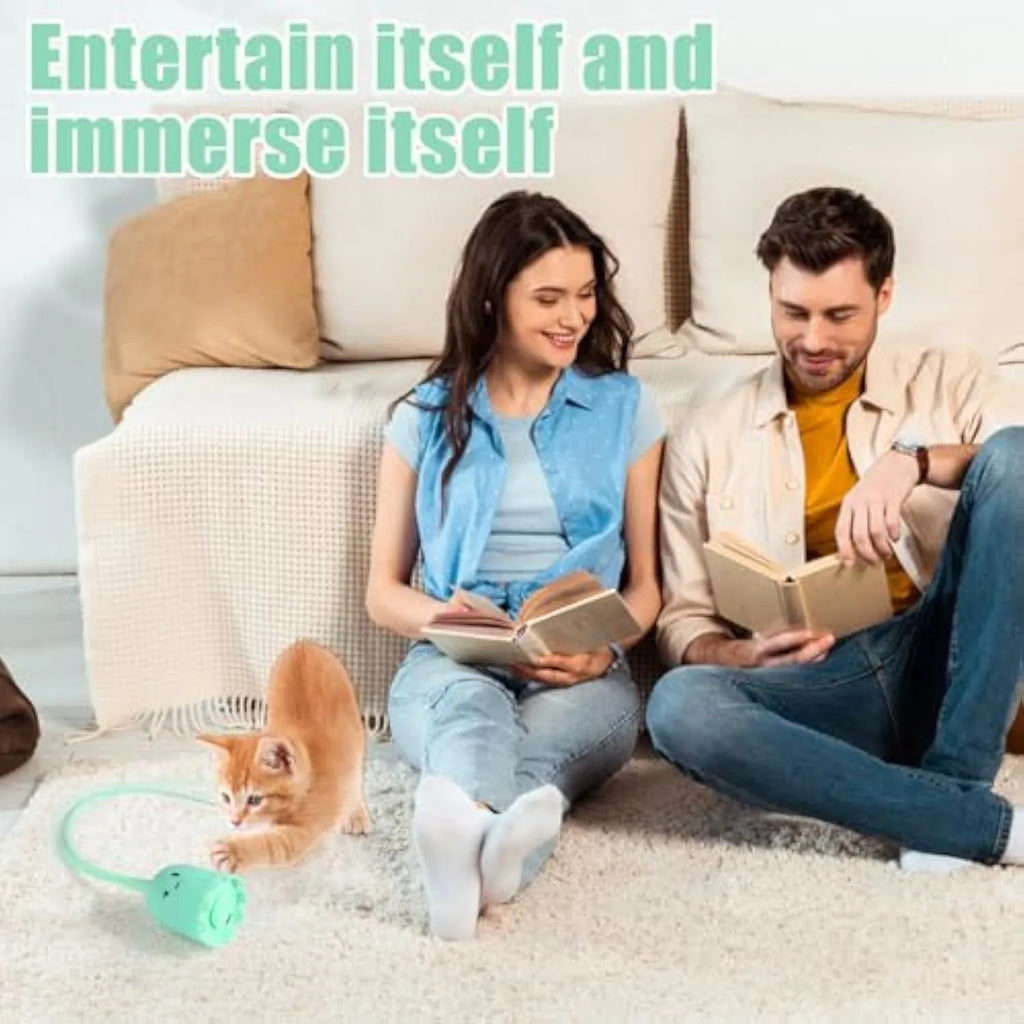 Green electronic cat wand toy with swinging silicone tails for indoor cats