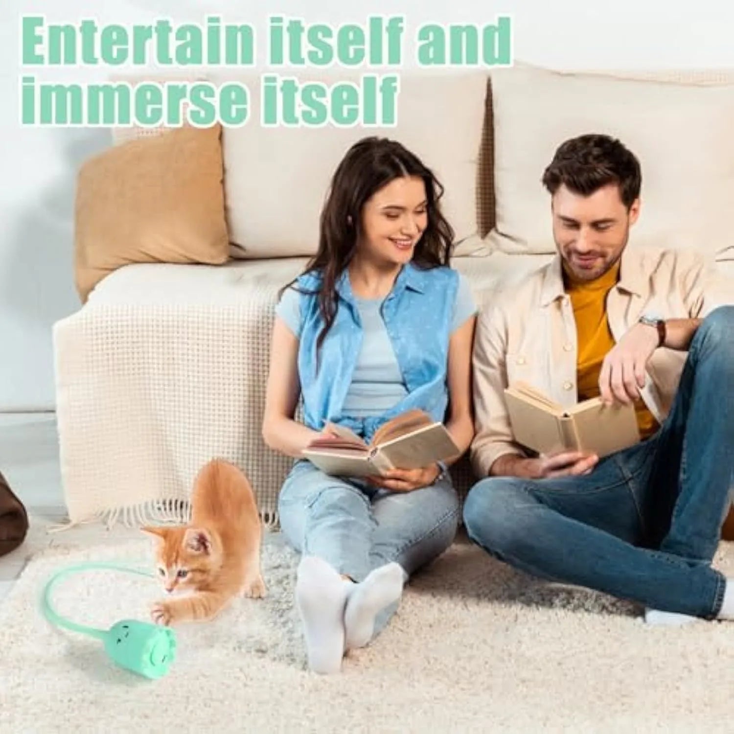 Green electronic cat wand toy with swinging silicone tails for indoor cats