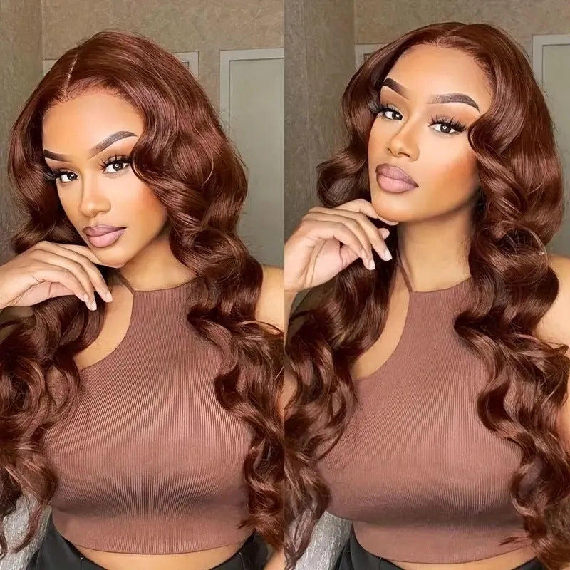 Women's dark brown front lace wig with long curly hair and side bangs style