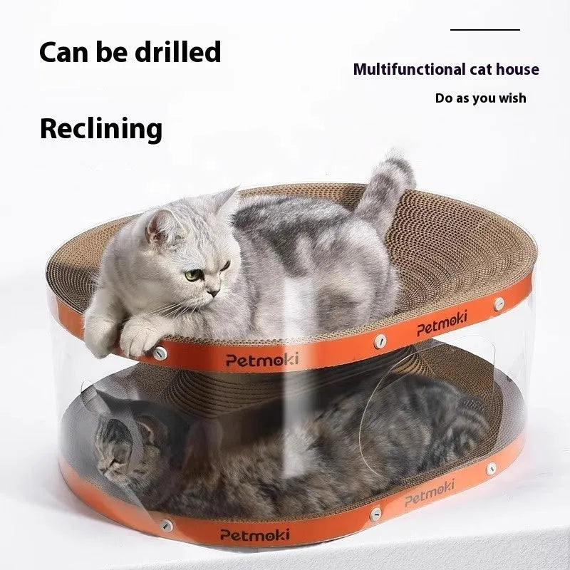White transparent diamond pattern cat scratch board with integrated tunnel nest, shown from the side.
