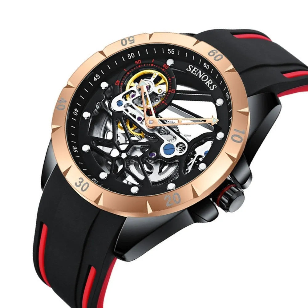 Men's full-automatic watch with open skeleton dial in rose golden blue colour, business style.