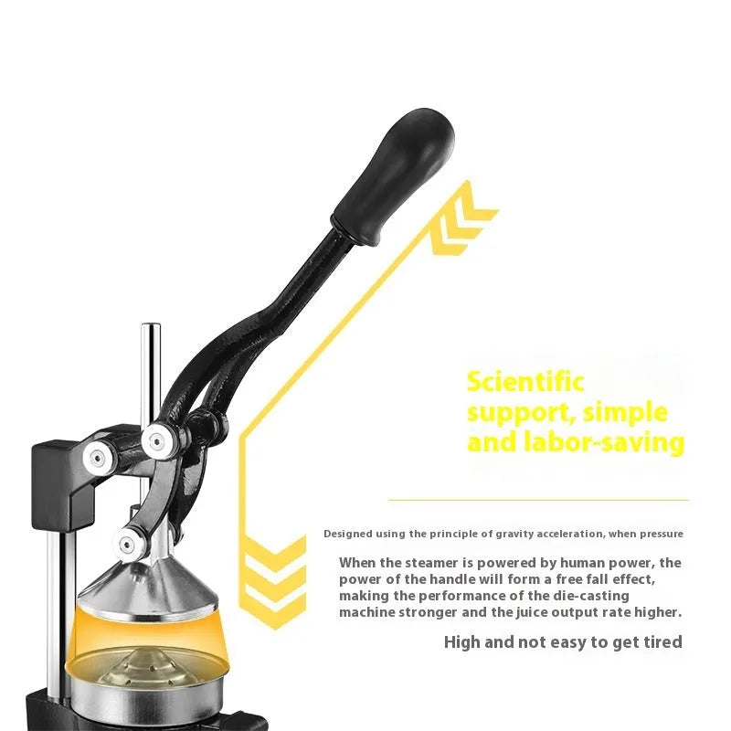 Black manual cast iron citrus juicer with stainless steel funnel on a kitchen counter.