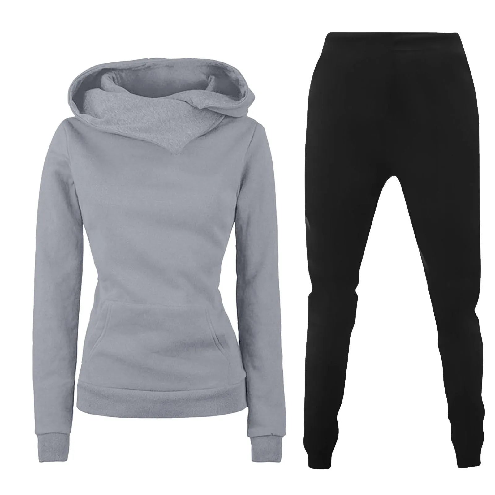 Ladies hooded sweater casual suit two-piece set in solid colour with long sleeves and print, polyester fibre fabric