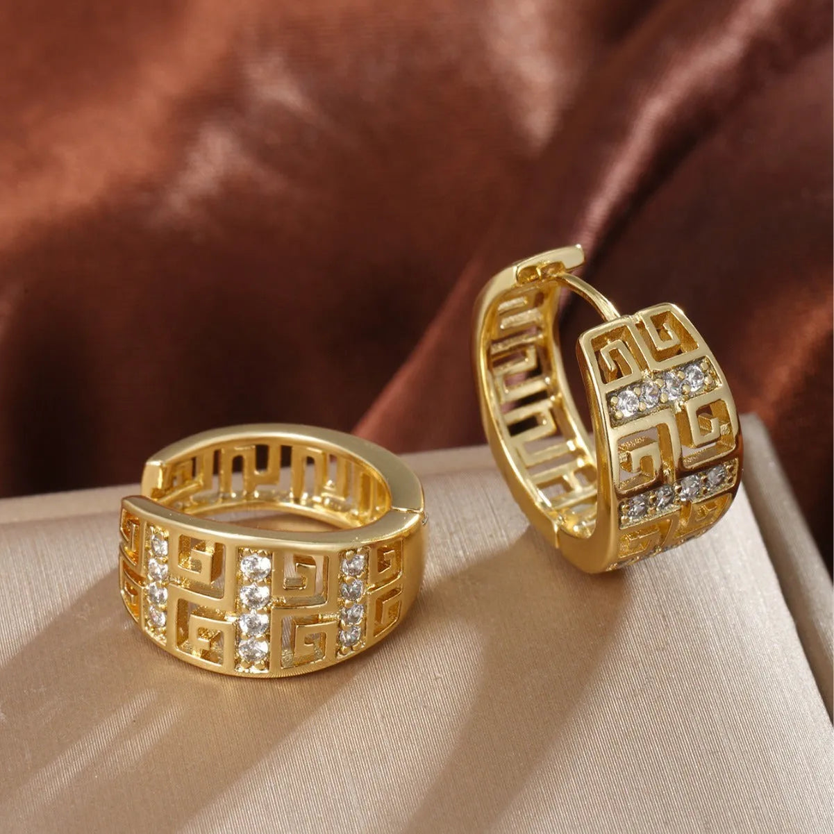 Geometric copper inlaid zircon earrings with 18K gold plated electroplated finish for women
