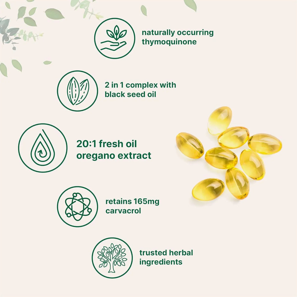 Sealed pack of black seed oil softgel capsules, available in 180 or 300 tablet sizes.
