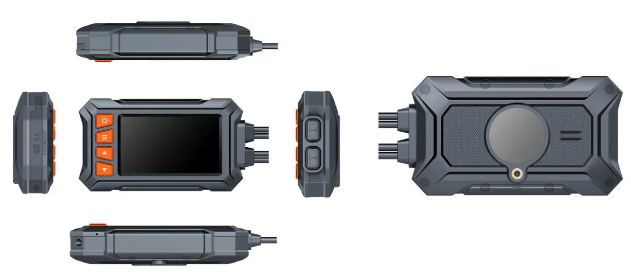 Motorcycle tachograph dash cam with dual lenses, 3-inch screen, GPS module, and mounting accessories on a black background.